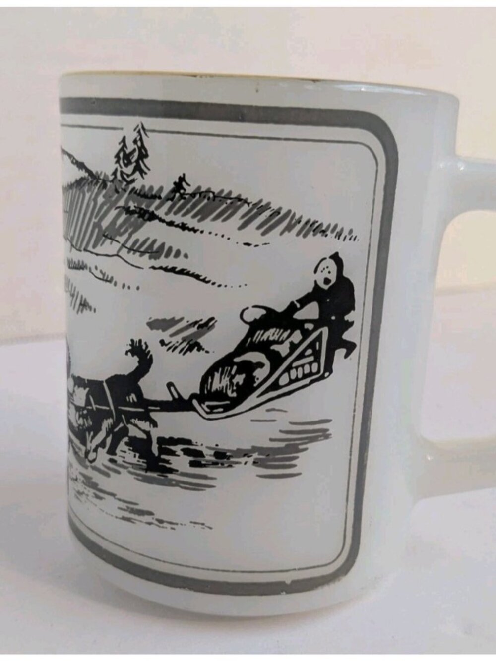 Vintage Federal Milk Glass Coffee Mug Yukon Dog Sled Design USA Shield Logo